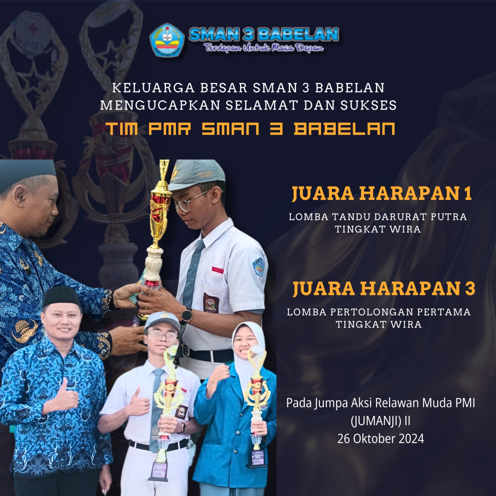 TIM PMR SMAN 3 BABELAN MERAIH JUARA HARAPAN 1 dan JUARA HARAPAN 3 PADA JUMPA AKSI RELAWAN MUDA PMI (JUMANJI) II 2024